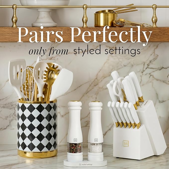 Electric Salt and Pepper Grinder Set - Styled Settings White Electric Salt and Pepper Shakers, Automatic Stainless Steel Set with LED Light, Battery Operated, Adjustable Coarseness, Wood Base