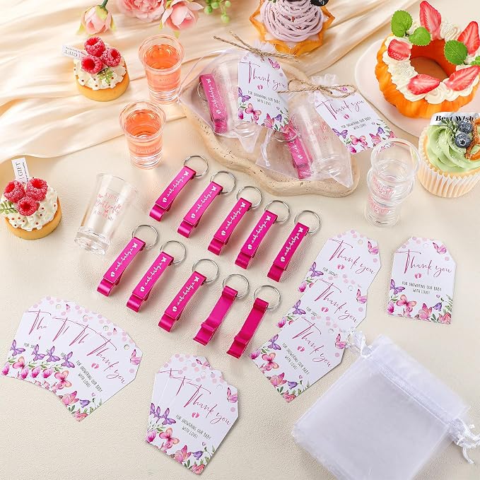 50 Sets Baby Shower Favor for Guests Acrylic Shot Glasses with Bottle Opener Keychains Thank You Tags and Bags Gender Reveal Party Favors for Guest Baby Shower Return Gift (Butterfly)