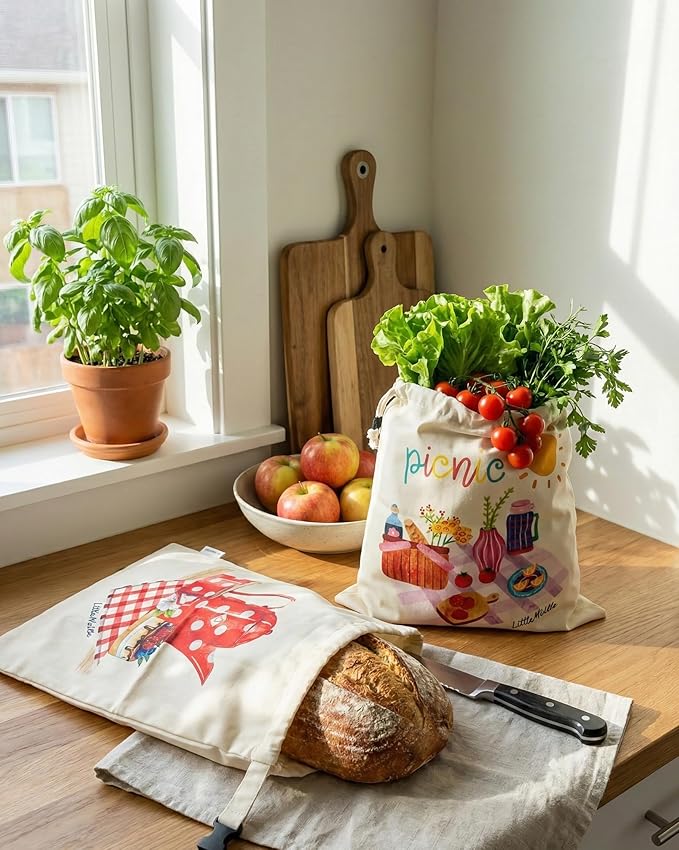 2 XL Beeswax Bread Bags for Homemade Bread, Sourdough – Reusable, Plastic-Free, Keeps Fresh, Washable, Compostable (Beige with Picnic)
