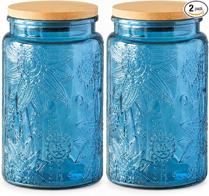 ANSQU Blue Glass Jars, 34oz Vintage Glass Kitchen Storage Counter Jar, Candy Jars with Lids, Decorative Mason Jars Hold Coffee Beans, Tea, Cookie, Sugar, Bath Salts (Blue, 2 Pack)