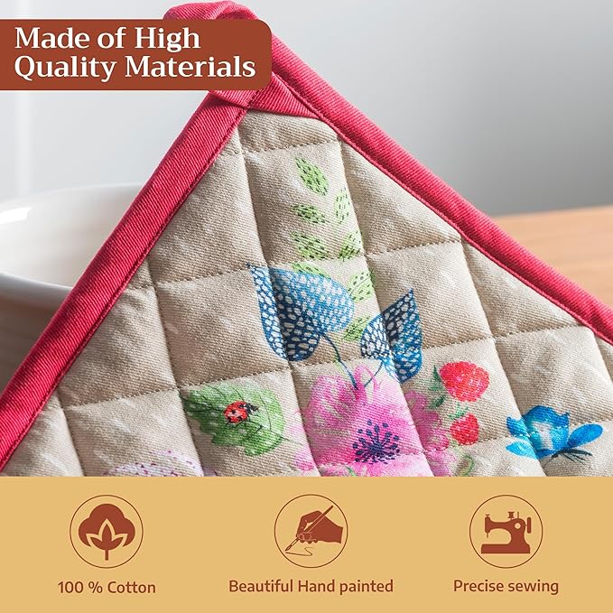 Maison d' Hermine Pot Holders 100% Cotton Heat Resistant Potholders 8" x 8" Hot Pads with Loop BBQ Cooking Gifts for Mothers Day Handling Hot Pans Spring/Summer (Pack of 2, Jardin D'Ete - Fog)
