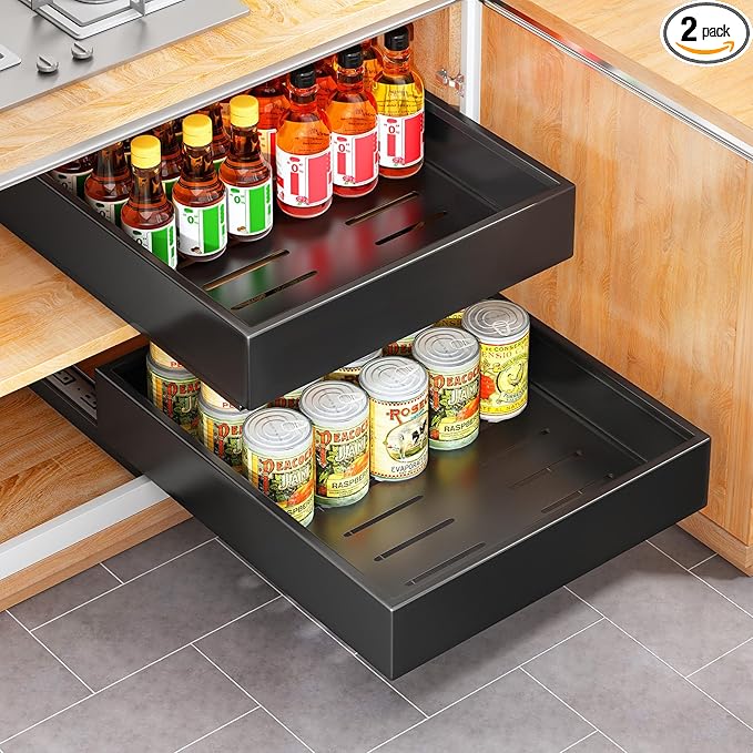 Kitstorack 2Pack Pull out Cabinet Organizer, 21" Deep, Heavy Duty Full-extension Slide out Drawers for Kitchen Cabinet, Roll out Shelf Storage with Nano Adhesive for Pots, Bathroom, Pantry,Home,Black