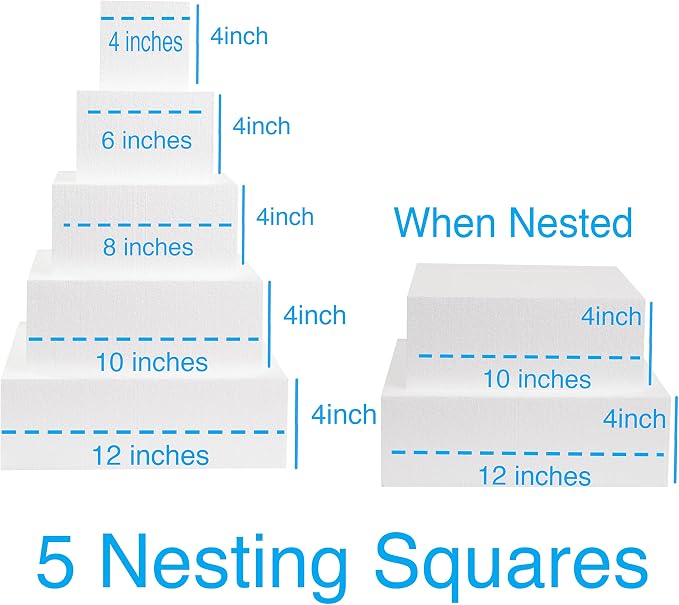 Silverlake 5-Tier Square Cake Dummy Set - Nesting 4" H x 4,6,8,10 & 12" W Blocks for Styrofoam Baking Display Projects
