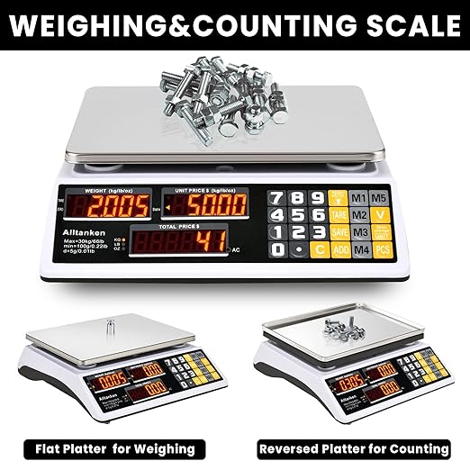 Price Computing Scale 66lb/30kg Commercial Food Scale, lb/kg/oz Conversion with Price Calculator, Counting, Dual LED Display, Flat Reversed Platter, Produce Scale for Farmer Market Retail Meat Shops