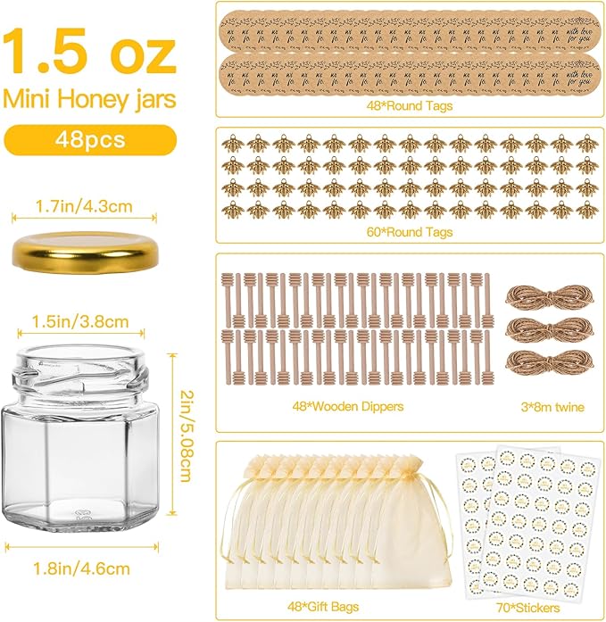 1.5 oz Mini Glass Honey Jars | 48-Pack Honey Jars with Wood Dippers, Gold Lids, Gift Bags, Bee Charms, Labels, Tags, Twine | Perfect for Baby Shower Party Favors, Wedding Favors, Bridal Showers
