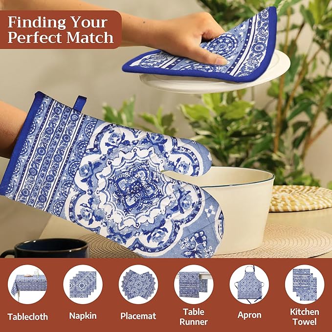 Maison d' Hermine 100% Cotton Oven Mitt & Pot Holder Set (7.5"x13" & 8"x8") Heat Resistant BBQ Cooking Gloves with Loop Baking Grilling Kitchen Gifts for Mothers Day Spring/Summer(Melodie Bleue)