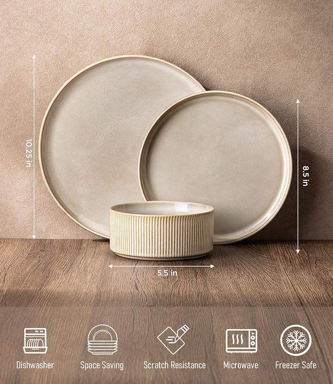 GBHOME 18-Piece Stoneware Dinnerware Set for 6 – Ribbed Ceramic Plates and Bowls, Scratch-Resistant, Microwave & Dishwasher Safe, Reactive Glaze, Cappuccino