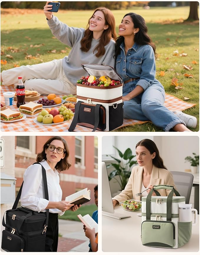 LOVEVOOK Insulated Lunch Bag For Women Men,Expandable Double Deck Lunch Box With Large Cup Holder,Leakproof Cooler Bag For Adult Lunch Tote Bag Work Picnic Beach with Adjustable Shoulder Strap Gift