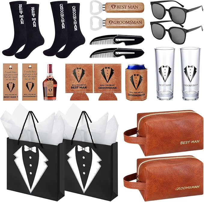 20Pcs Groomsmen Gifts Groomsmen Proposal Box with Shot Glasses Socks Sunglasses PU Leather Toiletry Bag Bottle Opener Can Cooler Groomsman Gifts for Wedding Groomsmen Best Man Gift (20, Brown)