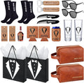 20Pcs Groomsmen Gifts Groomsmen Proposal Box with Shot Glasses Socks Sunglasses PU Leather Toiletry Bag Bottle Opener Can Cooler Groomsman Gifts for Wedding Groomsmen Best Man Gift (20, Brown)