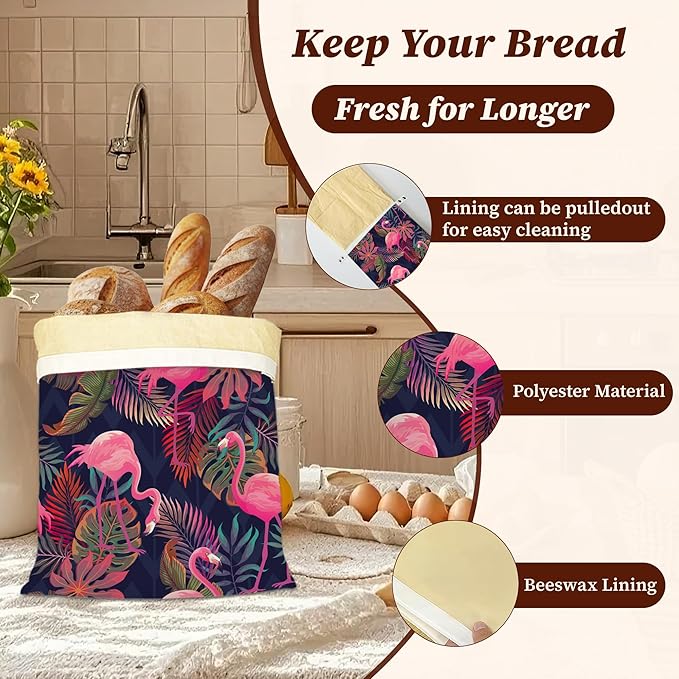 Bread Bags for Homemade Bread, Pink Flamingo Tropical 2 Pack Linen and Beeswax Sourdough Storage Bags, Reusable Keeper, Keeps Breads Fresh Longer, Gifts for Bakers