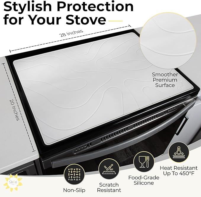 Stove Top Covers for Electric Stove - Silicone Stove Mat for Glass Top Stove - 28"x20" Stove Top Protector, Heat Resistant (450°F), XL Dish Drying Mat, Stove Cover – Pearl White