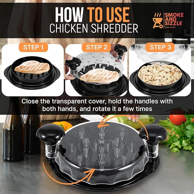 Smoke and Sizzle Professional Chicken Shredder - Large Chicken Breast Shredder Tool with Cleaning Brush & Tongs, Strong Anti-Slip Base, Ergonomic Handles, BPA Free, Dishwasher Safe