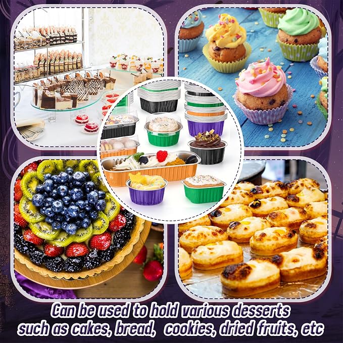 Blushtier 120 Set/240 Pcs Halloween Mini Loaf Pans with Lids and Spoons Halloween Disposable Mini Cake Pans 6.8, 5, 4.2 oz Square Rectangle Round Aluminum Foil Cupcake Baking Cups Dessert Liners Tins