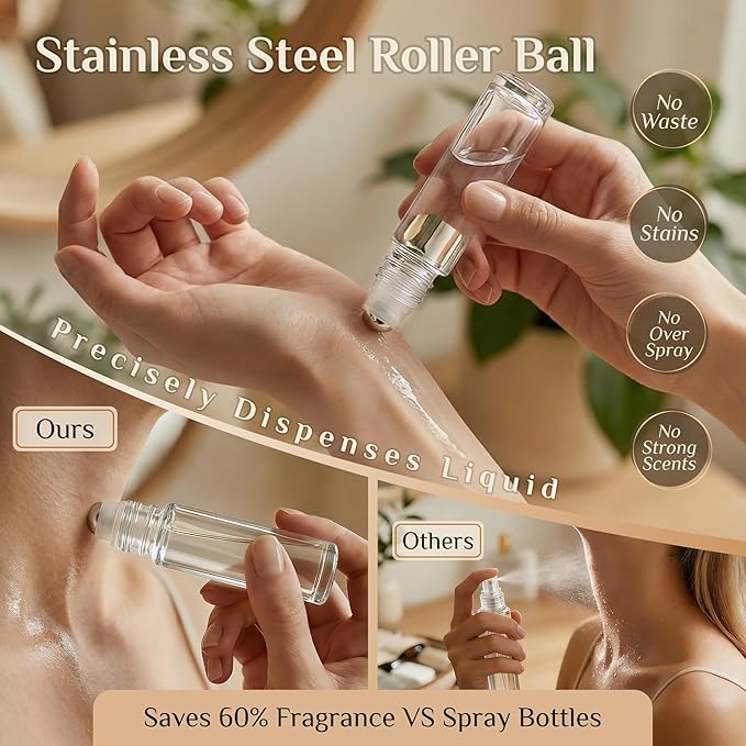 PrettyCare 24 Pack, 10 ml Essential Oil Roller Bottles with Stainless Steel Roller Ball - Refillable Leak-proof Empty Thick Clear Glass Roll on Bottles with Black Caps for Travel, Perfume