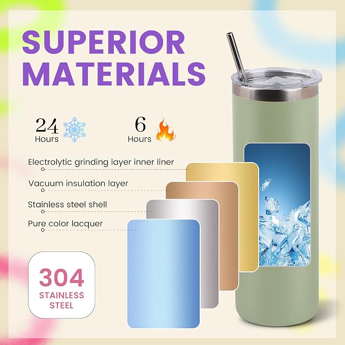 Joyclub Personalized Graduation Gifts Tumblers Bulk 10 Pack 20 oz Insulated Tumbler with Lids and Straws Skinny Straight Powder Coated Tumbler for Laser Engraving Custom Tumbler with Gift Box