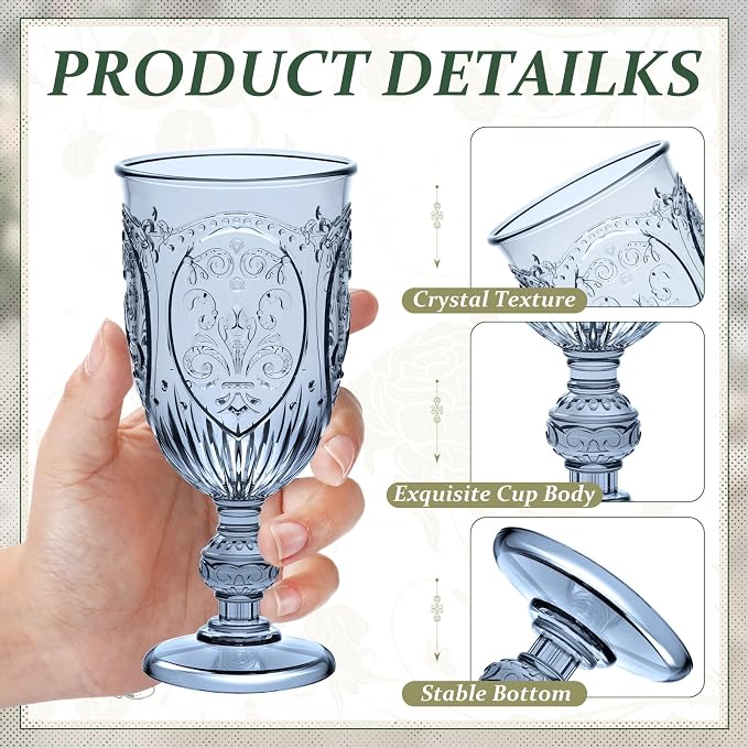Wiwiqing 6 Pcs Plastic Goblets 7.5oz Vintage Goblet Plastic Wine Glasses Colored Retro Embossed Water Goblets for Wine Bar Juice Baby Shower Wedding Reception Grand Event Party (Multicolor)