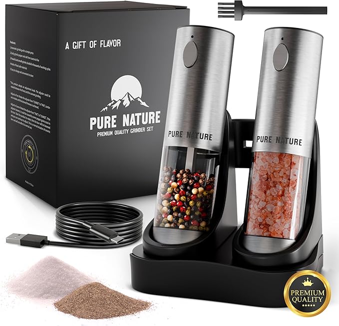 Pure Nature Electric Salt and Pepper Grinder Set with Rechargeable Base – Stainless Steel, Large Capacity, LED Light, 5 Adjustable Coarseness Levels, Refillable, Type-C Fast Charging