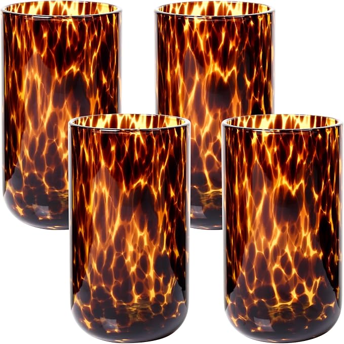Tortoise Shell Drinking Glasses Set of 4, Brown Decorative Tortoise Shell Tumbler Cups for Wine & Drinks，Drinking Glasses for Wedding Gifts, Housewarming, Cocktail Party (4, 15oz)