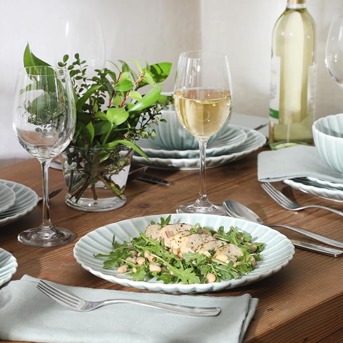 Gibson Elite Peach Orchard 12-Piece New Bone China Dinnerware Set Service for 4, Embossed Fluted Plates and Bowls, Dishwasher and Microwave Safe, Aqua Blue