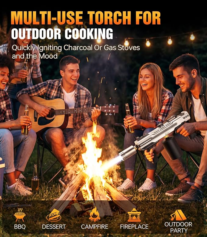 Powerful Propane Torch Gun, Kitchen cooking Torch lighter with Adjustable Flame, Flame Thrower Gun Butane Torch for Searing Steak, BBQ, Campfire, Fireplace (Tank Not Included)(Grey)