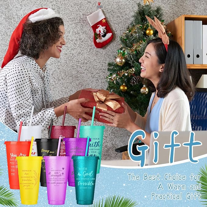 Feifeiya 72 Pcs/ 24 Set Bible Verse Gifts Bulk 24 oz Christian Plastic Tumbler with Lids and Straws Inspirational Prayer Notepads Religious Pen Church Cups Gift for Christian Party Favors