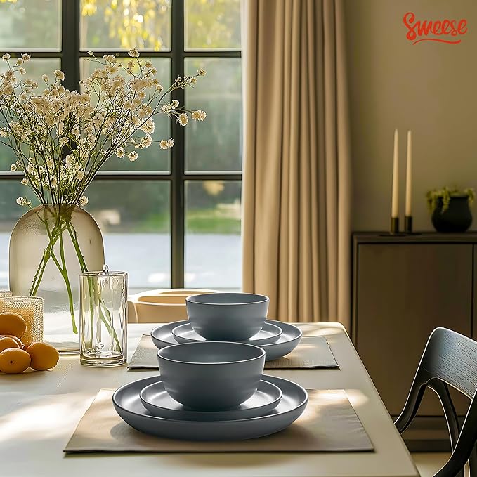Sweese Dinnerware Sets Service for 4, 12 pcs Matte Speckled Glaze Plates and Bowls Sets, Handmade Ceramic Dish Set, Highly Chip and Crack Resistant Modern Plate Set, Grey