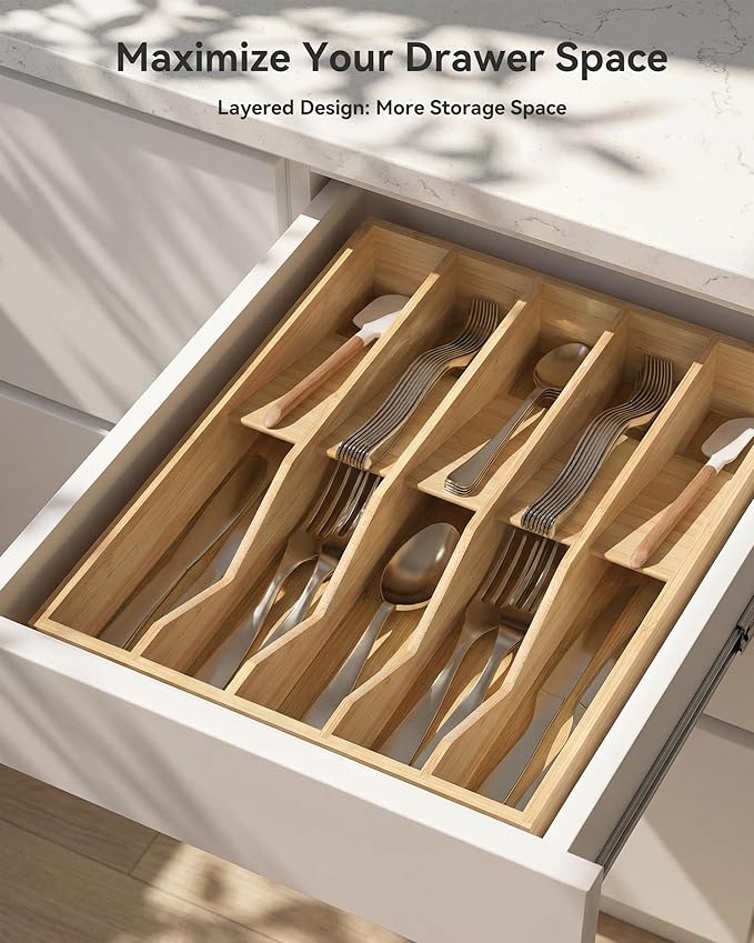 Bamboo Cutlery Drawer Organizer,Silverware Organizer 10 Slot Silverware Tray with V-Groove & Anti-Slip Blocks Flatware Utensil Storage for Kitchen Drawers (16" D x 12.3" W x 2.25" H)