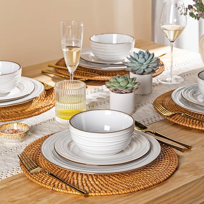 GBHOME Ceramic Dinnerware Sets,18 pcs Embossed Elegant Stoneware Plates and Bowls Sets, Housewarming Wedding Gift | Dishwasher & Microwave Safe | Dishes Set Service for 6