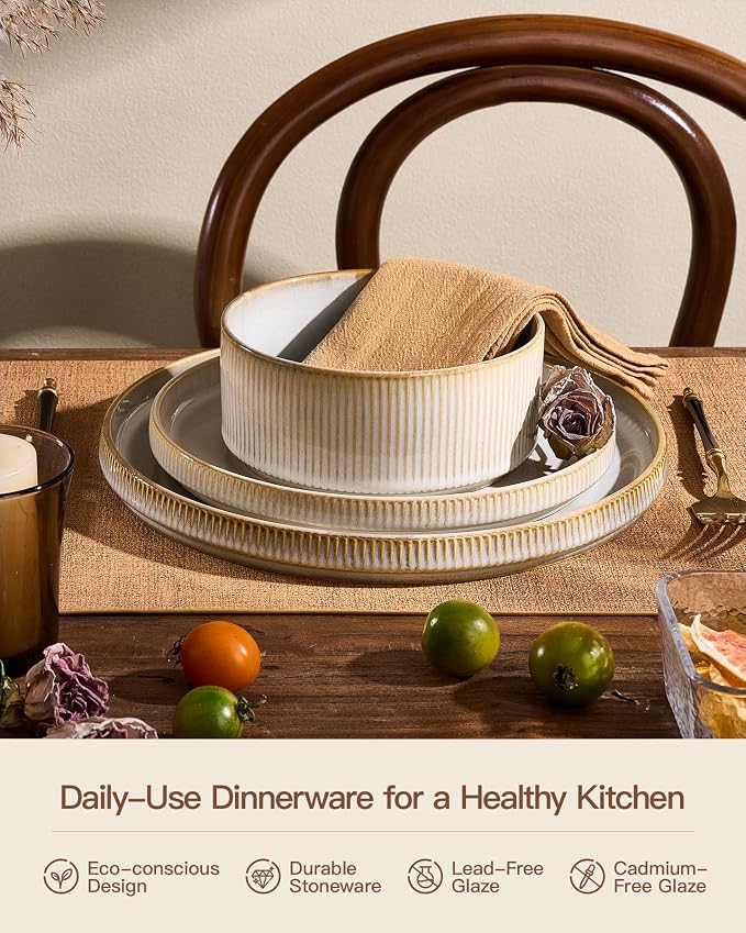 Stoneware Dinnerware Sets, Handcrafted Double Reactive Glaze Plates and Bowls for Everyday & Formal Dining, Microwave & Dishwasher Safe, Scratch Resistant Dishes for 4 (12-Piece), Cappuccino White
