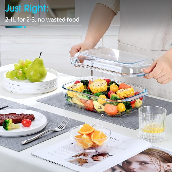 NUTRIUPS 2 QT Rectangular Glass Casserole Dish With Lid, (11.8×7.5×4in) Glass Casserole Dish for Oven