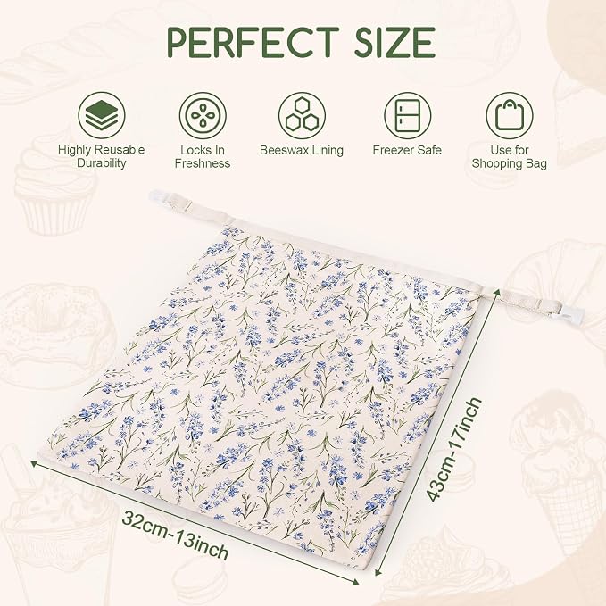 Beeswax Bread Bags for Sourdough, 2 Pack Reusable Bread Bag for Storage XL 17x13 Inch, Powder Blue Bread Bags for Homemade Sourdough - Keep Fresh, Freezer Safe