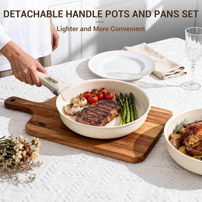 Ammeloo 24-Piece Ceramic Pots and Pans Set Non Stick, Ceramic Cookware Set with Removable Handles, Space Saving, Induction & Oven & Dishwasher Safe, For Small Kitchen, Apartment, RV, Cream White
