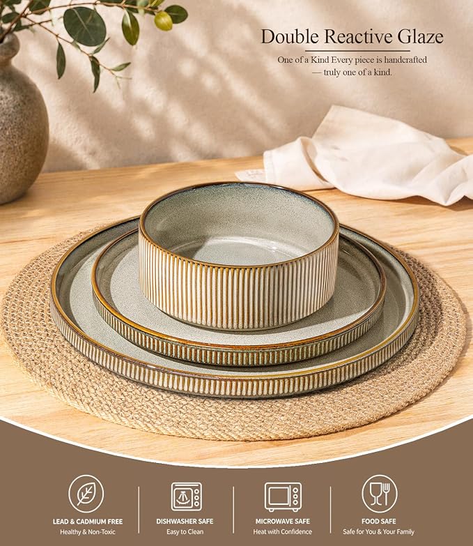 GBHOME 18-Piece Stoneware Dinnerware Set for 6 – Ribbed Ceramic Plates and Bowls, Scratch-Resistant, Microwave & Dishwasher Safe, Reactive Glaze, Reactive Glaze Green Wheat