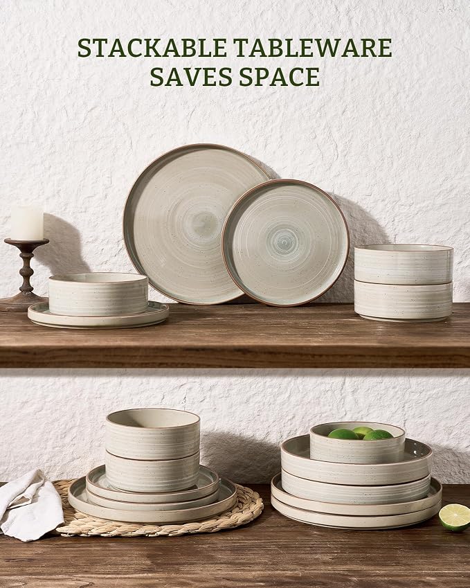 Famiware Stellar Stoneware Dinnerware Set, 12-Piece, Double Reactive Glaze, Plates and Bowls, Service for 4, Microwave and Dishwasher Safe, Scratch-Resistant, Matcha Green