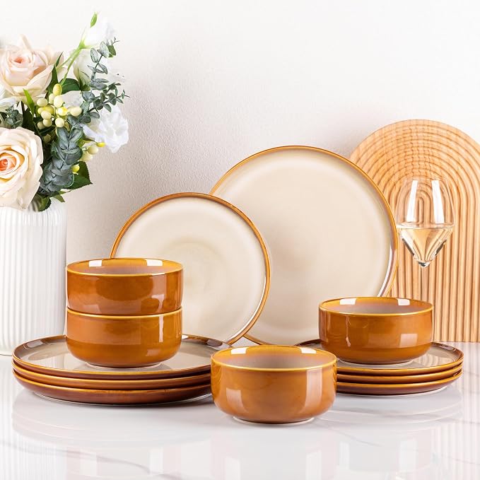 LERATIO Ceramic Dinnerware Sets for 4,12 Pieces Poreclain Plates and Bowls Sets,Scratch Resistant Dishes,Dishwasher & Microwave Safe Dishes Set,Service for 4-Kahki