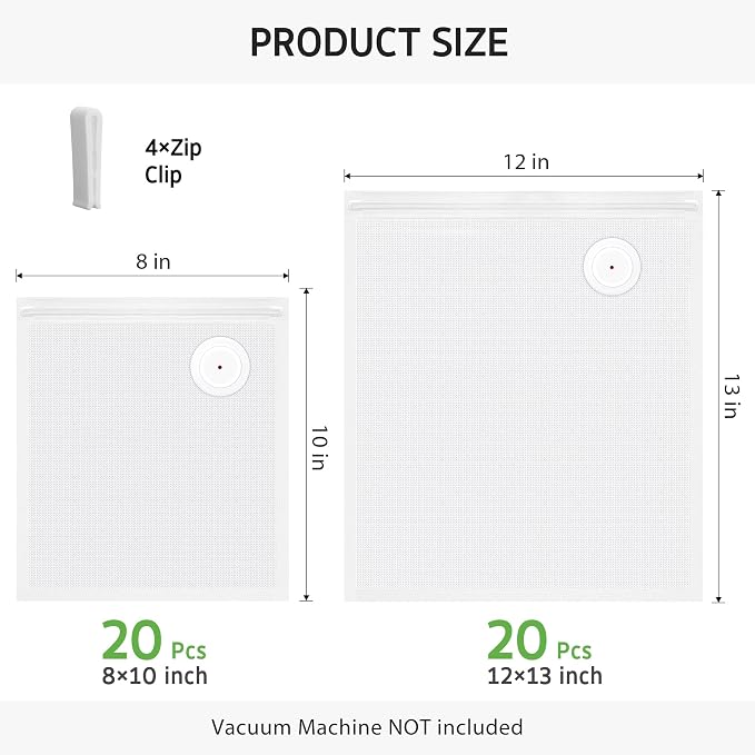 Syntus 40 Reusable Vacuum Sealer Bags for Food, 8" x 10" and 12" x 13" (S+L) Food Storage Zipper Bags with Air Valve BPA-free Leakproof Keep Food Freshness, Compatible with Compact Vacuum Sealers