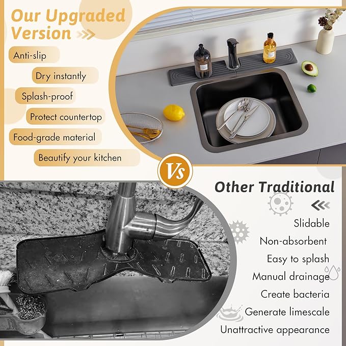 Kitchen Faucet Absorbent Mat with U-Shape Hole, 23.6" Diatomaceous Earth Splash Guard for Sink Faucet, Aesthetic Water Absorbing Stone Tray Draining Mat for Modern Home, Gift for Girlfriend, Dark Grey