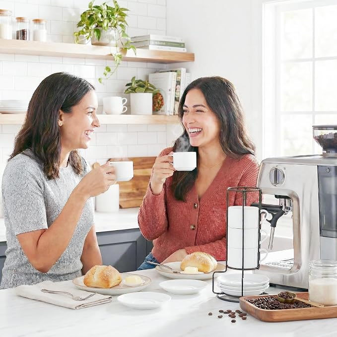 2.5oz Espresso Cups Set of 4, Ceramic Stackable Espresso Cups with Saucers and Metal Stand Set, White Expresso Shots Cup Set