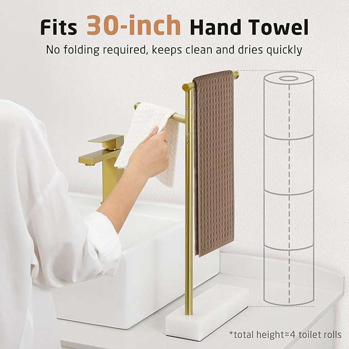 KES Gold Hand Towel Holder for Bathroom, Countertop Standing Swivel Towel Rack with Marble Base, Hand Towel Holder Free Standing 18/8 Stainless Steel Brushed Gold, BTH233-BZ