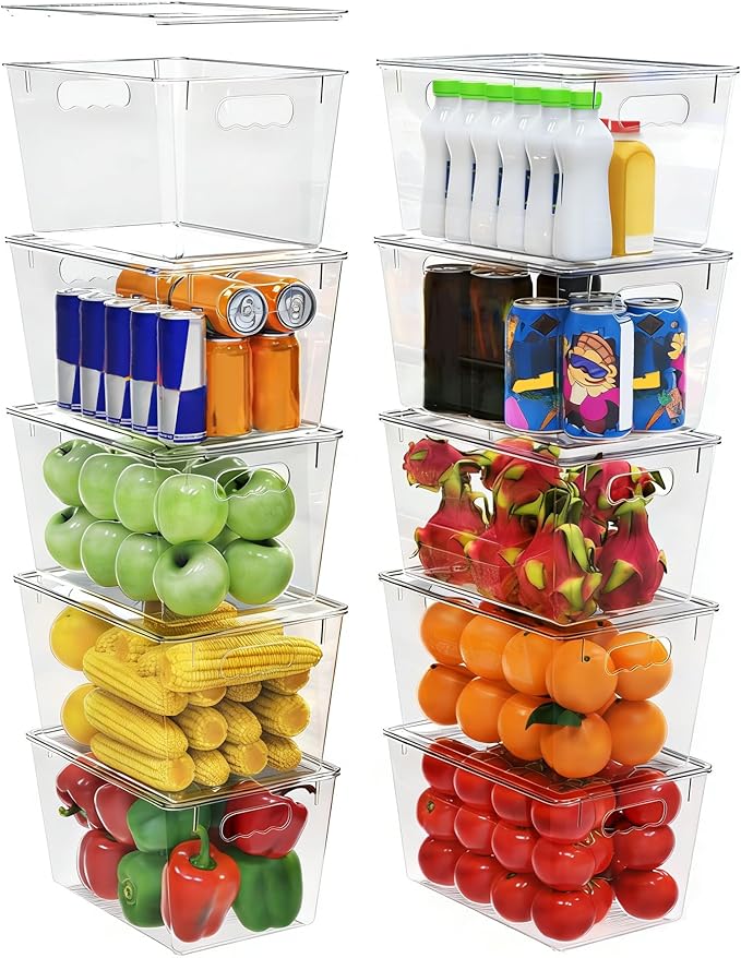 YAN & HIN 10 pcs/set Large Clear Storage Bins with Lids - Stackable, Transparent Pantry Storage with Handles - Nest Nicely for Easy Organization (11 "L x 7.5" W x 6.1 "H)