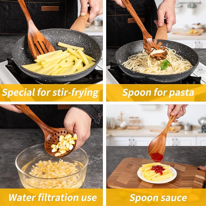 GUDAMAYE 11 PCE Wooden Spoons for Cooking, Wooden Kitchen Utensils Set,Wooden Cooking Utensils,Natural Teak Wooden Spoons For Non-stick Pan