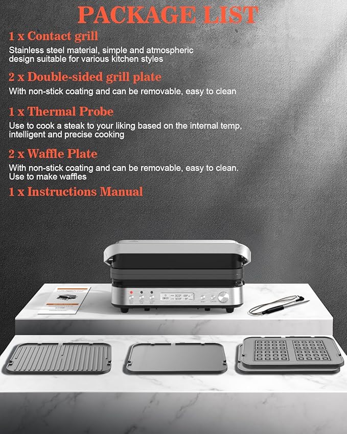 CATTLEMAN Panini Press Grill Sandwich Maker with Removable Plates, 1600W, 6 in 1 Indoor Grill with Meat Thermometer, Electric Contact Grills for Kitchen, Stainless Steel