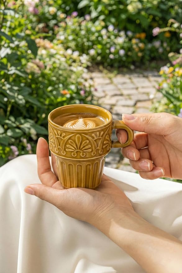 Cappuccino Cups, Espresso Cups, Stackable Mug Set of 6, Ceramic Coffee Mug 6 OZ Khaki for Hot Drinks Milk Dessert, Suitable for Home office Restaurant, Perfect for Holiday & Housewarming Present