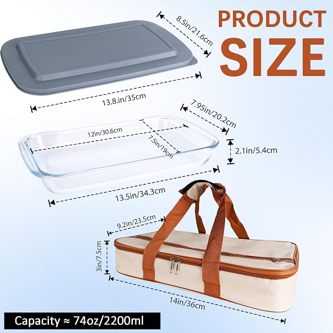 2.3QT Glass Baking Dish With Lid - Glass Casserole With Carrier Insulated Bag For Hot Or Cold Food - Large Casserole Dish For Oven Potluck Party Picnic Cookouts（Beige and brown）