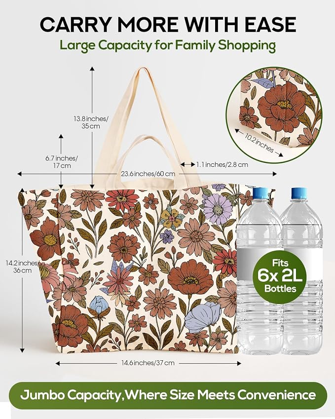 Miss Adola Large Canvas Grocery Tote Bag - Reusable Extra Large Shopping Shoulder Bags with 6 Inner Pockets & 2 Handle Strap
