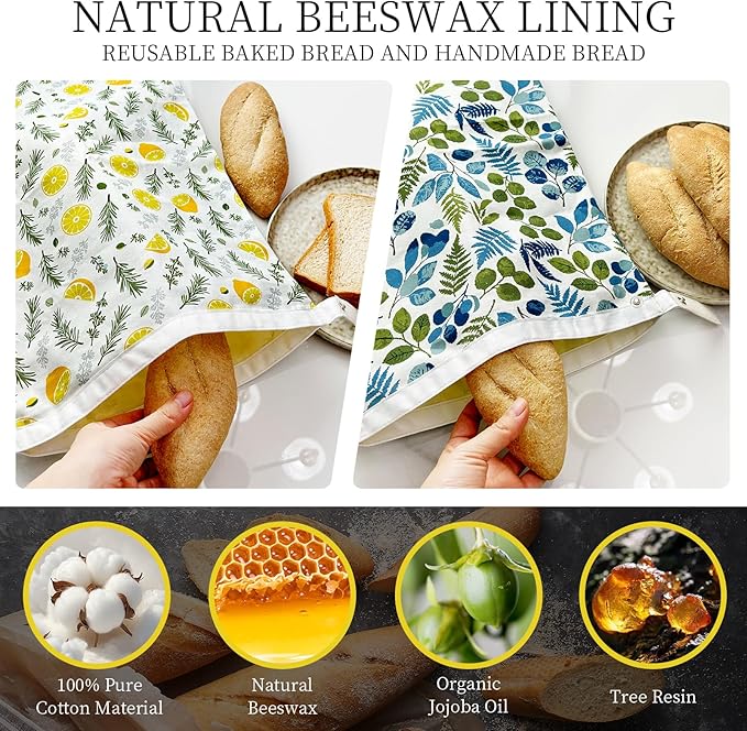 Reusable Beeswax Bread Storage Bag, Floral Pattern with Lemon Design, Eco Storage Solution for Fresh Baked Goods