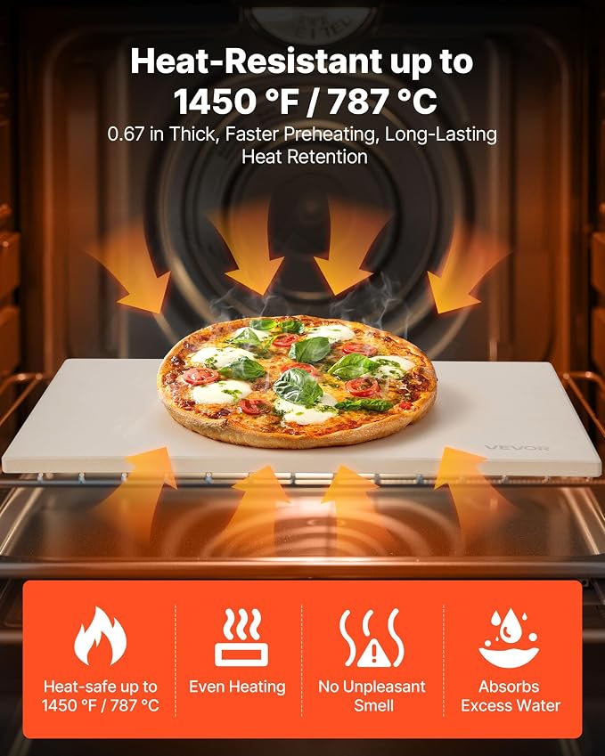 VEVOR Pizza Stone, 20 x 14 x 0.67 in Rectangular Pizza Stone, Extra Large Baking-Stone with Scraper, 1450℉ Heat-Resistant Cordierite, for Oven, BBQ Griller, Baking Bread & Pizza