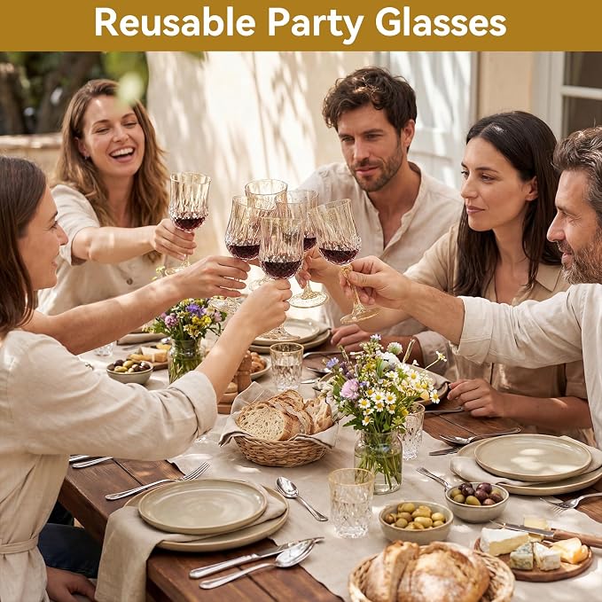 Sliner 48 Pcs 7oz Plastic Vintage Wine Glasses Drinking Goblets Unbreakable Crystal Water Glassware Reusable Diamond Champagne Flutes Cups for Wedding Banquet Birthday Party Supplies (Gold Glitter)
