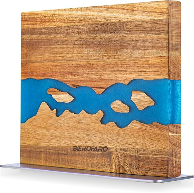 Magnetic Knife Block with Steel Base, Double‑Sided Knife Holder Made of Acacia Wood for Chef Knives, Modern Kitchen Countertop Organizer, Blue Resin River Design